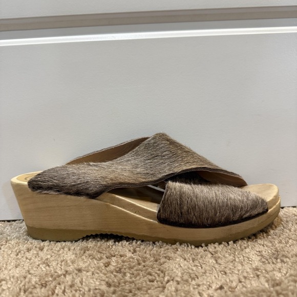 No.6 Clog Sandals Womens Size 12 Brown Haircalf Wooden Platform Wedge Slides